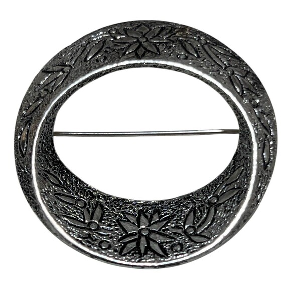 Vintage EMMONS Signed Flower Brushed Silver Tone Brooch Scarf Estate Pin Retro - Picture 1 of 4